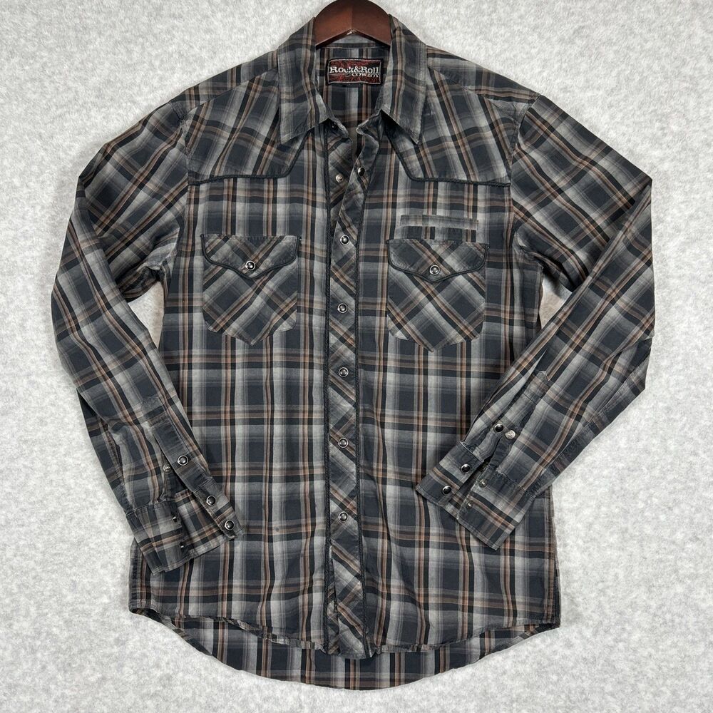 Rock & Roll Cowboy Mens Pearl Snap Western Shirt Plaid Rope Piping Medium Gray